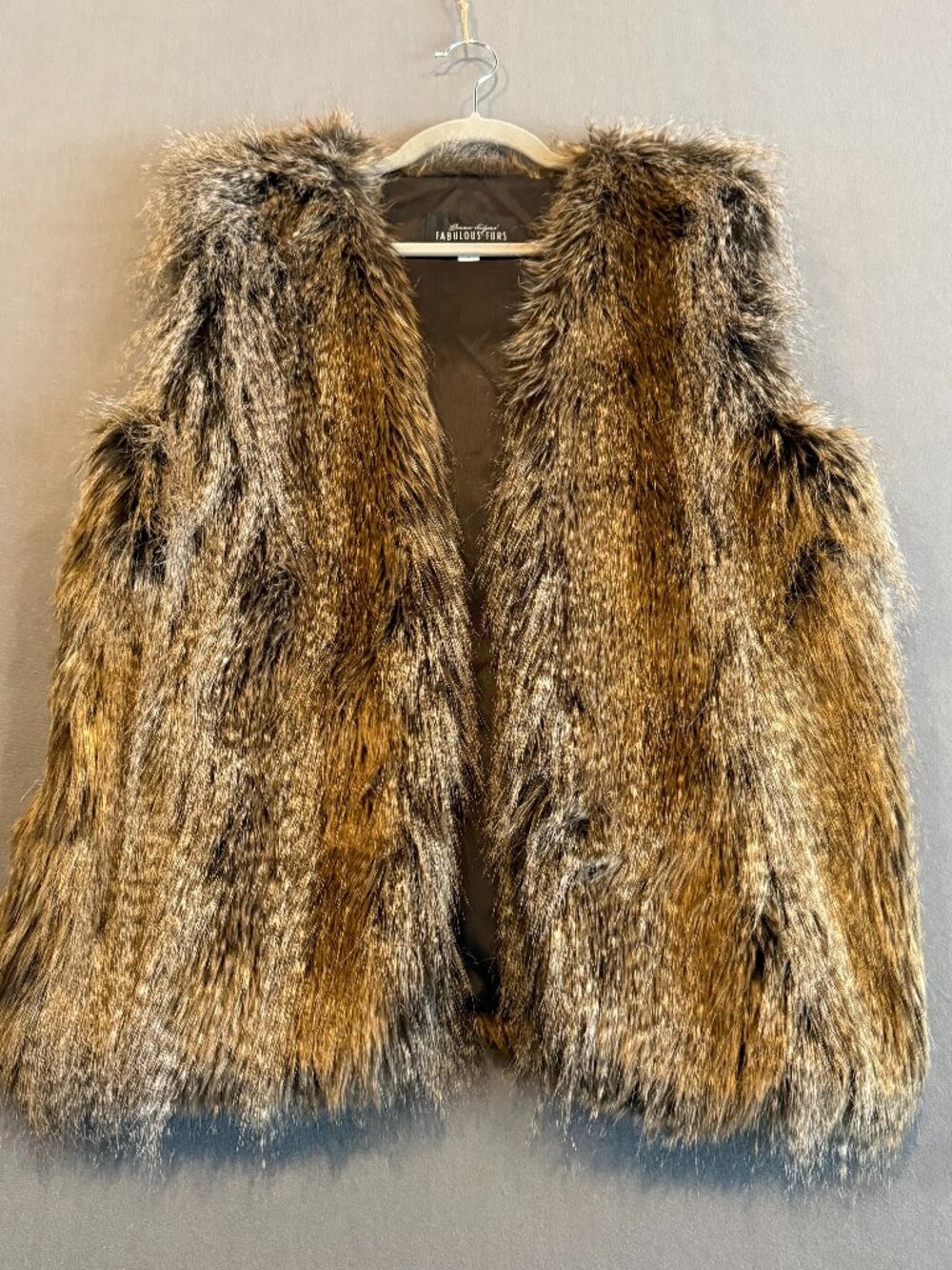 Donna Salyers Fabulous Furs Faux Fur Vest Womens L Brown Open Front Made in USA